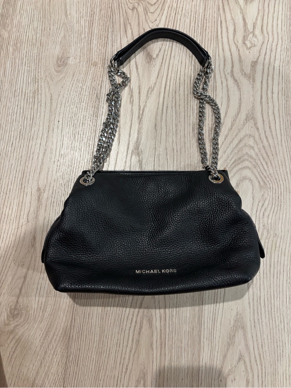 Michael Kors Black Leather Shoulder Bag with Silver Chain